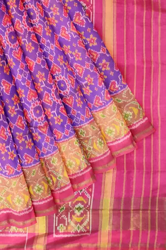 Pink and purple patola silk single ikkat silk saree