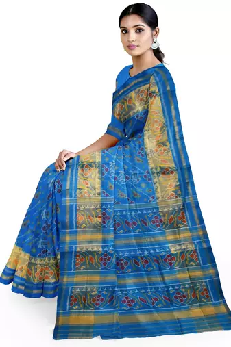 Turquoise blue patola silk single ikkat silk saree