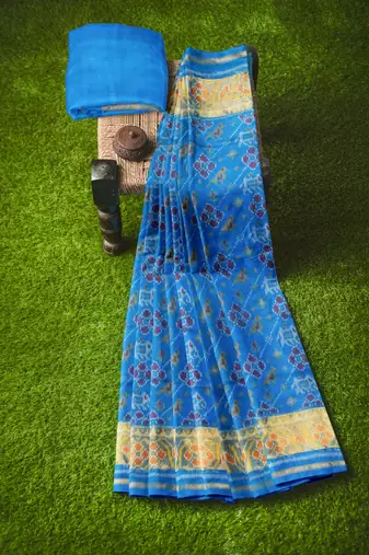 Turquoise blue patola silk single ikkat silk saree