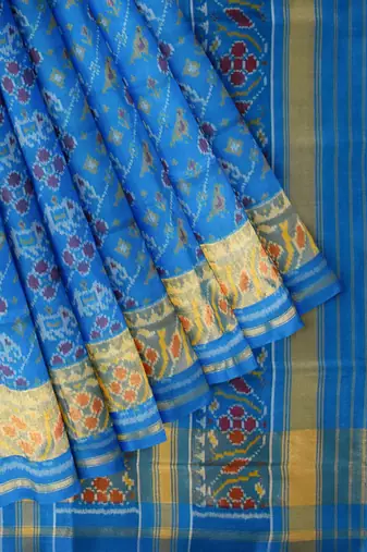 Turquoise blue patola silk single ikkat silk saree