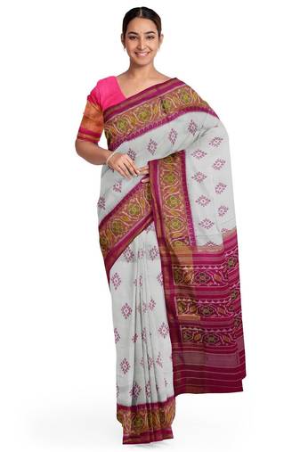 Pink and white patola silk single ikkat silk saree