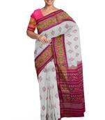 Pink and white patola silk single ikkat silk saree