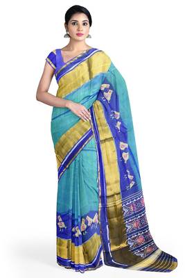 Blue and green patola silk single ikkat silk saree 1