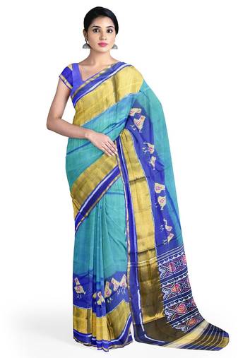 Blue and green patola silk single ikkat silk saree