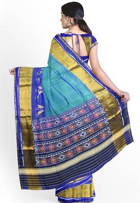 Blue and green patola silk single ikkat silk saree 2