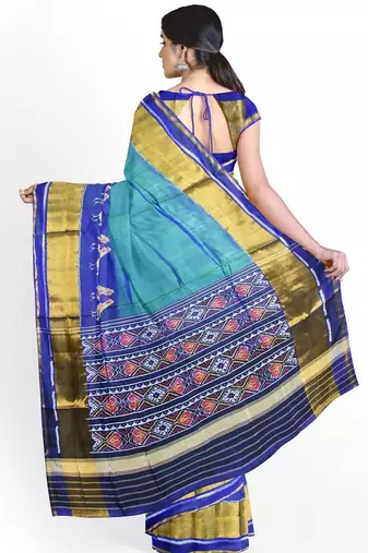 Blue and green patola silk single ikkat silk saree