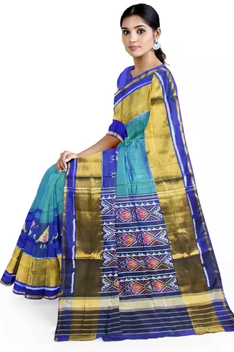 Blue and green patola silk single ikkat silk saree