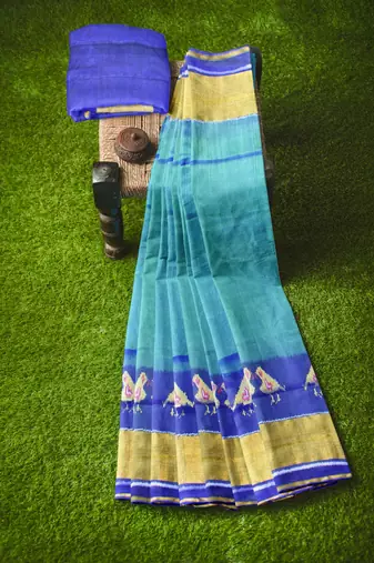 Blue and green patola silk single ikkat silk saree
