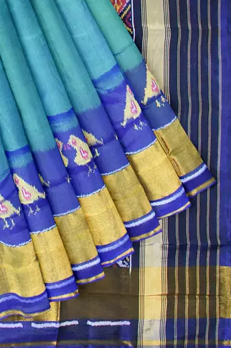 Blue and green patola silk single ikkat silk saree