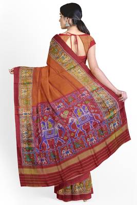 Red and yellow patola silk single ikkat silk saree 2