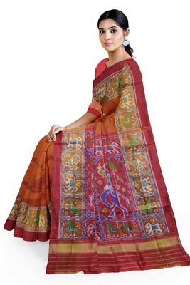Red and yellow patola silk single ikkat silk saree 3