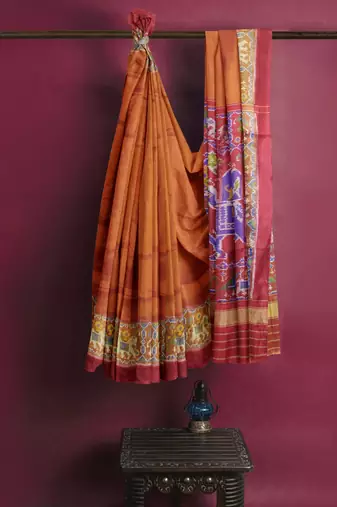 Red and yellow patola silk single ikkat silk saree