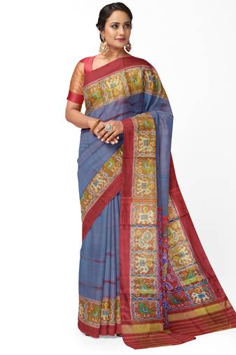 Red and grey patola silk single ikkat silk saree
