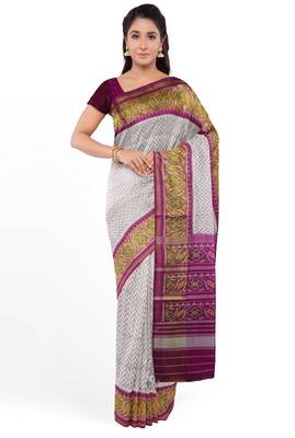 Magenta and white patola silk single ikkat silk saree 1