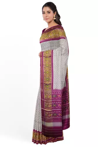 Magenta and white patola silk single ikkat silk saree