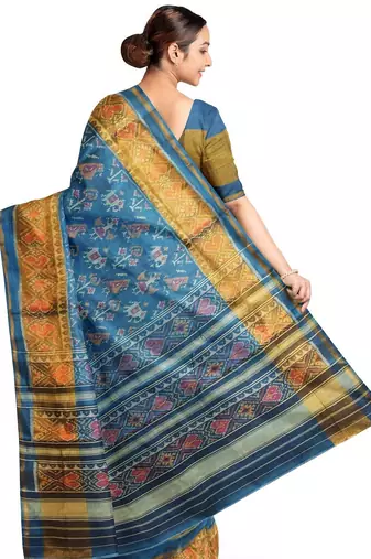 Turquoise blue patola silk single ikkat silk saree