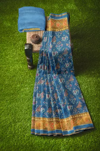 Turquoise blue patola silk single ikkat silk saree
