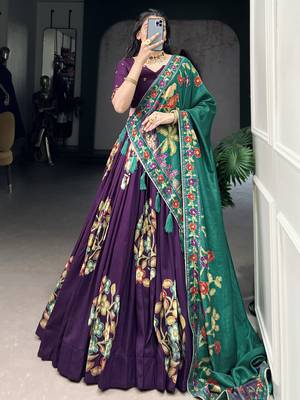 purple foil printed tussar silk lehenga set choli with dupatta 1