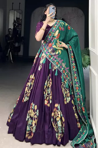 purple foil printed tussar silk lehenga set choli with dupatta