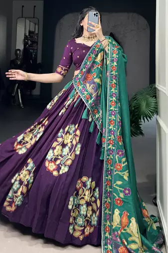 purple foil printed tussar silk lehenga set choli with dupatta