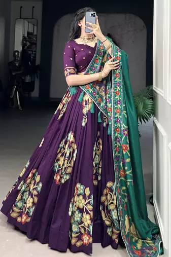 purple foil printed tussar silk lehenga set choli with dupatta