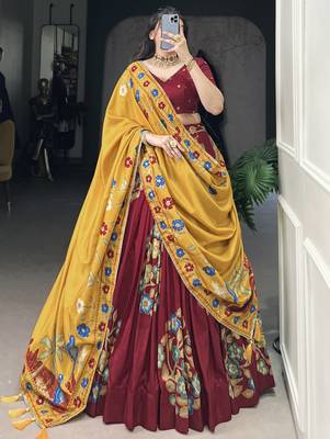 maroon floral printed tussar silk lehenga set choli with dupatta with dupatta 1