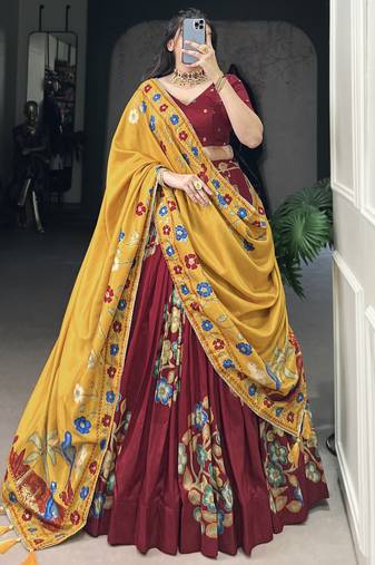 Maroon Floral Printed Tussar Silk Lehenga Choli With Dupatta
