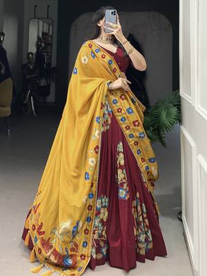 maroon floral printed tussar silk lehenga set choli with dupatta with dupatta 3