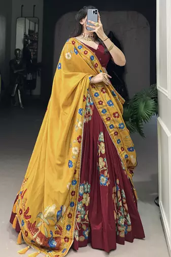 maroon floral printed tussar silk lehenga set choli with dupatta with dupatta