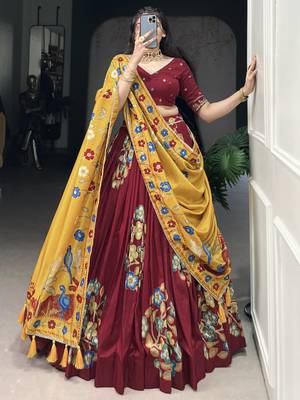 maroon floral printed tussar silk lehenga set choli with dupatta with dupatta 4