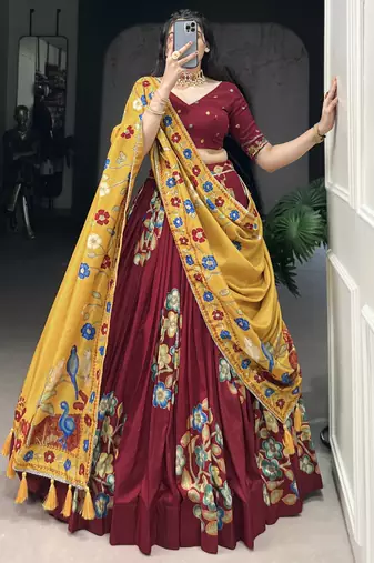 maroon floral printed tussar silk lehenga set choli with dupatta with dupatta