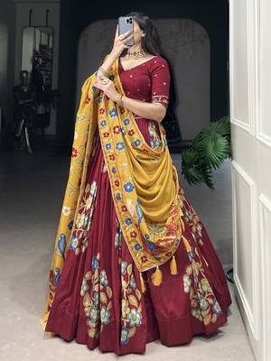 maroon floral printed tussar silk lehenga set choli with dupatta with dupatta 5