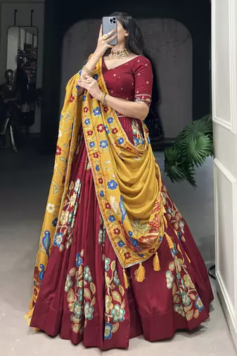 maroon floral printed tussar silk lehenga set choli with dupatta with dupatta