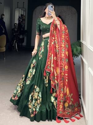 green foil work tussar silk lehenga set choli with dupatta 1