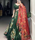 Green Foil Work Tussar Silk Lehenga Choli