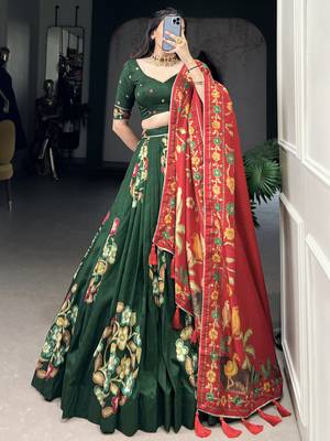 green foil work tussar silk lehenga set choli with dupatta 3