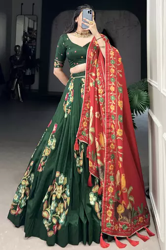 green foil work tussar silk lehenga set choli with dupatta