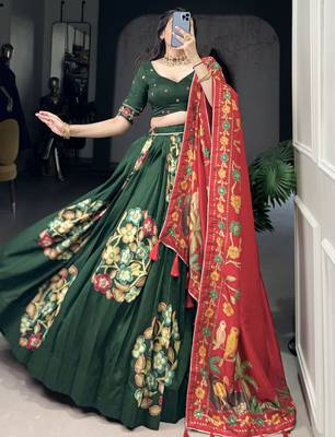 green foil work tussar silk lehenga set choli with dupatta 4
