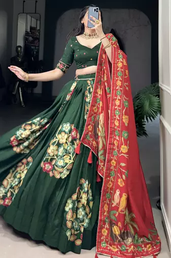 green foil work tussar silk lehenga set choli with dupatta