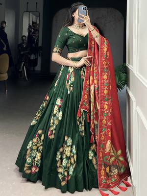 green foil work tussar silk lehenga set choli with dupatta 5
