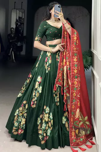 green foil work tussar silk lehenga set choli with dupatta