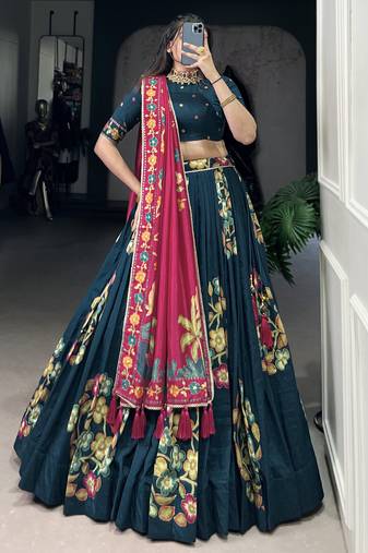 Teal Blue Foil Work Tussar Silk Lehenga Choli With Pink Dupatta