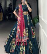 Teal Blue Foil Work Tussar Silk Lehenga Choli With Pink Dupatta
