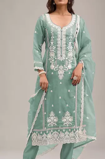 light-green Embroidered silk salwar suit
