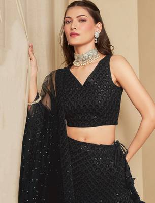 black thread work georgette party lehenga set choli with dupatta 4