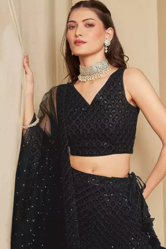 black thread work georgette party lehenga set choli with dupatta