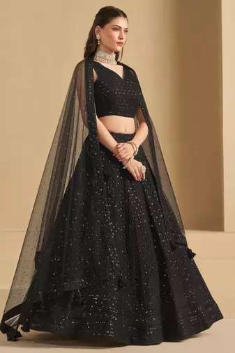 black thread work georgette party lehenga set choli with dupatta