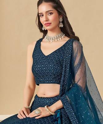 teal blue thread work georgette lehenga set choli with dupatta 3