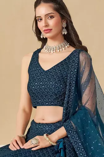 teal blue thread work georgette lehenga set choli with dupatta