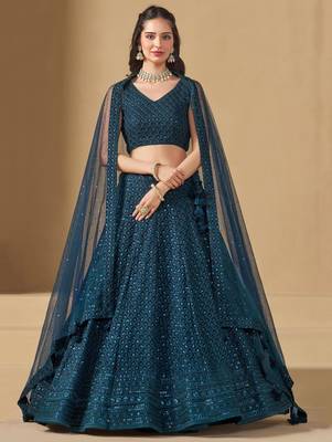 teal blue thread work georgette lehenga set choli with dupatta 4